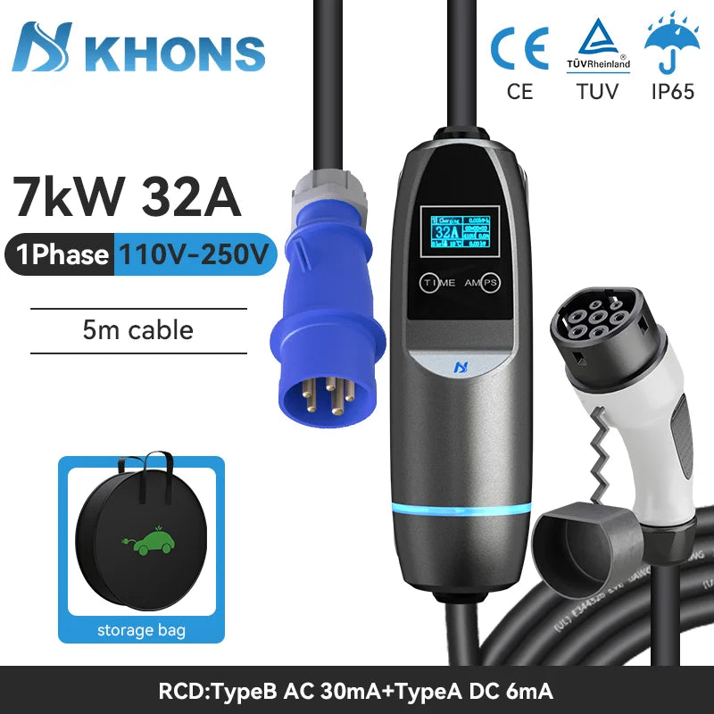 Khons - Carregador Veicular Portátil - 7KW - 5M - Tipo 2 - 32A - Monofásico